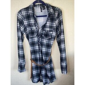 Ultra Flirt Long Sleeve Button Belted Plaid Shirt Dress L Country Western Roll